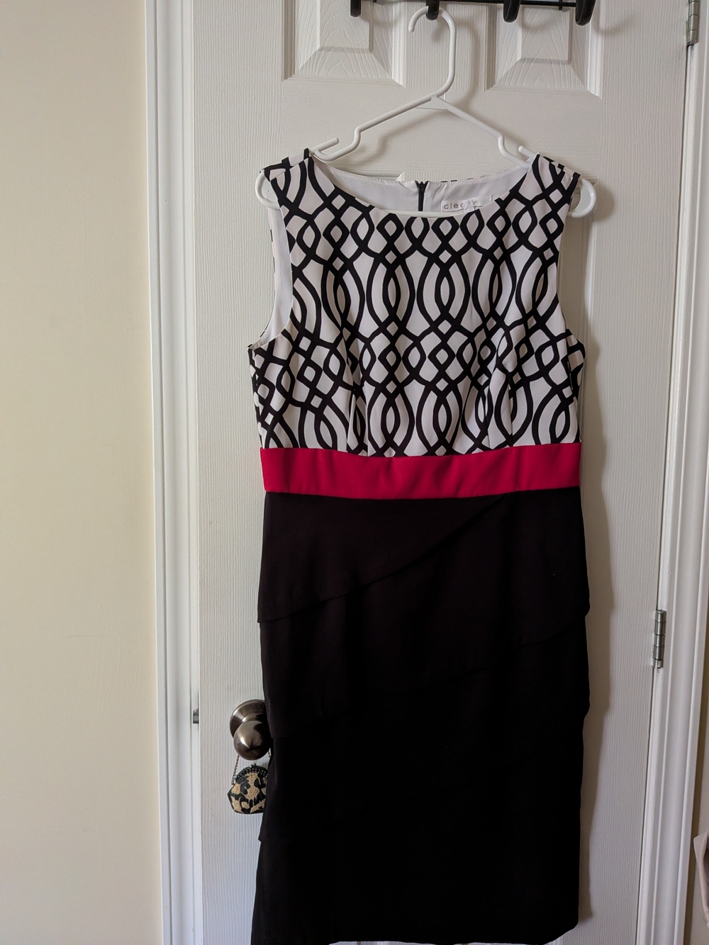 cleo Black & White Geometric Bodice Midi Dress with Red Waistband